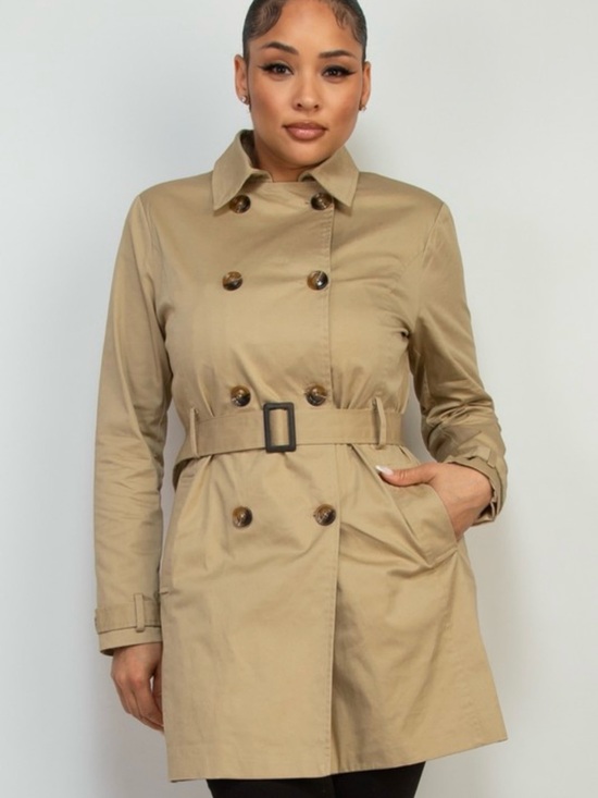 Jackets & Blazers - Classic Khaki Double-Breasted Trench Coat with Belt